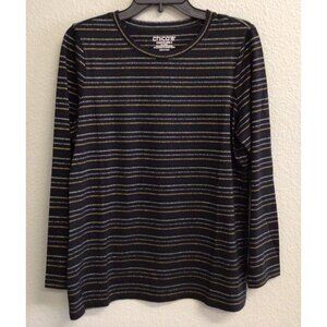 Chico's Touch of Cool Black Gold Lurex Stripe Layering Tee Women’s Size Large